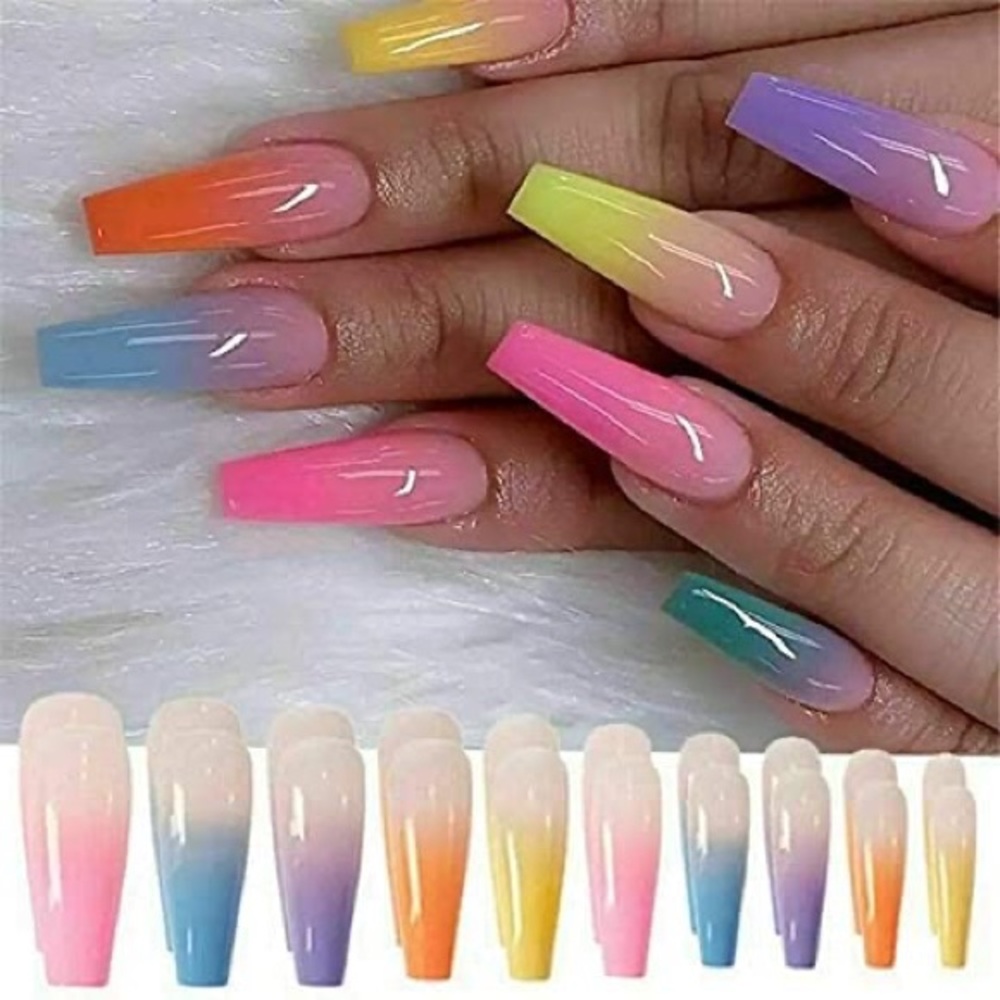 2/ $15 Rainbow Ombre Long Coffin Press On Nails Fake False 20 Pc Nail Kit